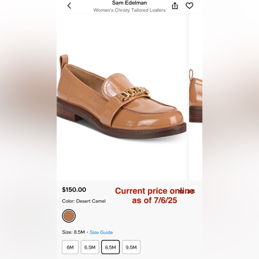 SAM EDELMAN Christy Patent Leather Loafers Camel Gold Size Women 8.5 M $150 MSRP - Picture 16 of 16